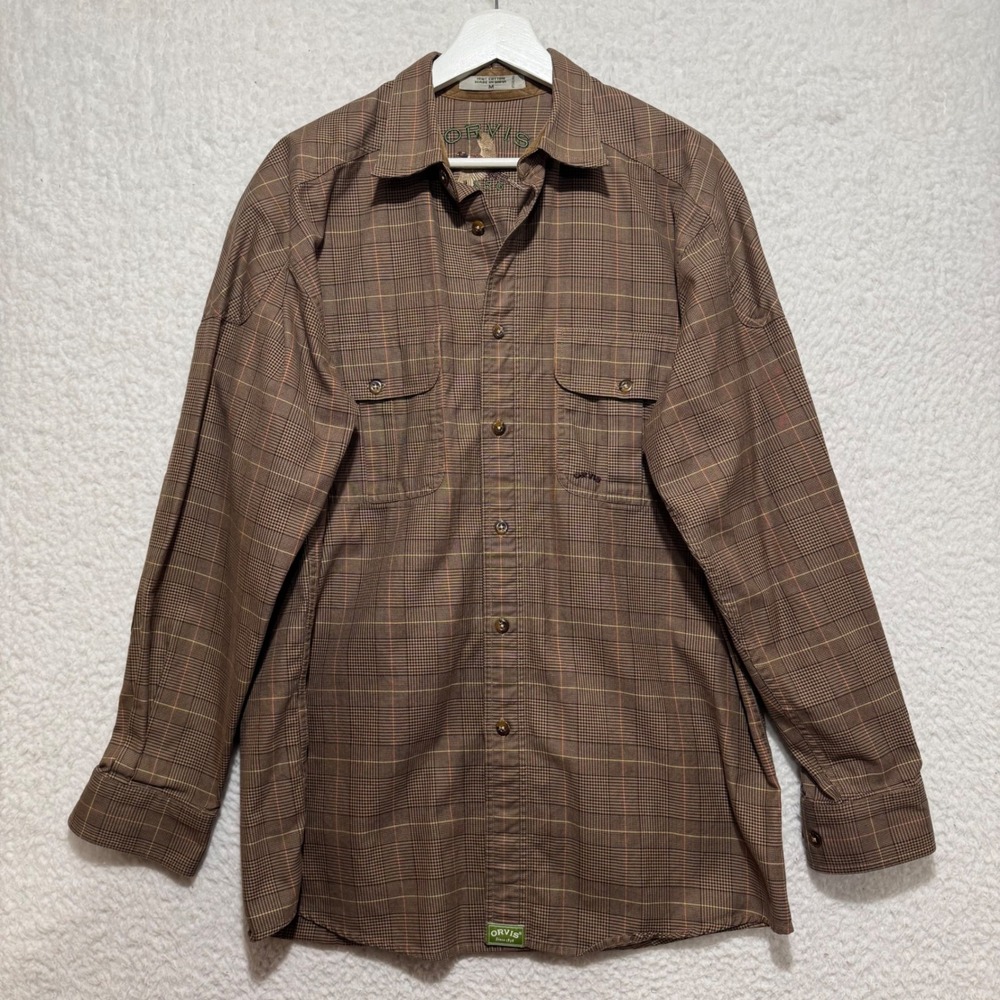 Orvis Mens Medium Brown Plaid Cotton Shooting Shirt Elbow Patches